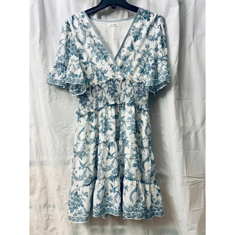 Max Studio Blue Toile de Jouy Bird Floral Smocked Tiered Ruffle Dress Sz S/M